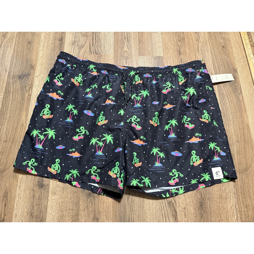 No Boundaries Shorts Men Size XXL Black Swim Trunks Alien UFO Palm Trees